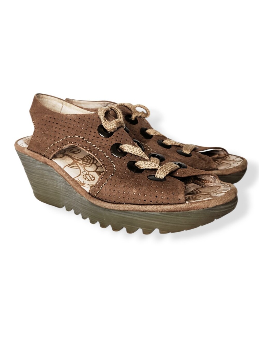 Fly London Ylfa Luna Wedge Lace Up Brown Sandals Shoes Women's  Size 39 8.5